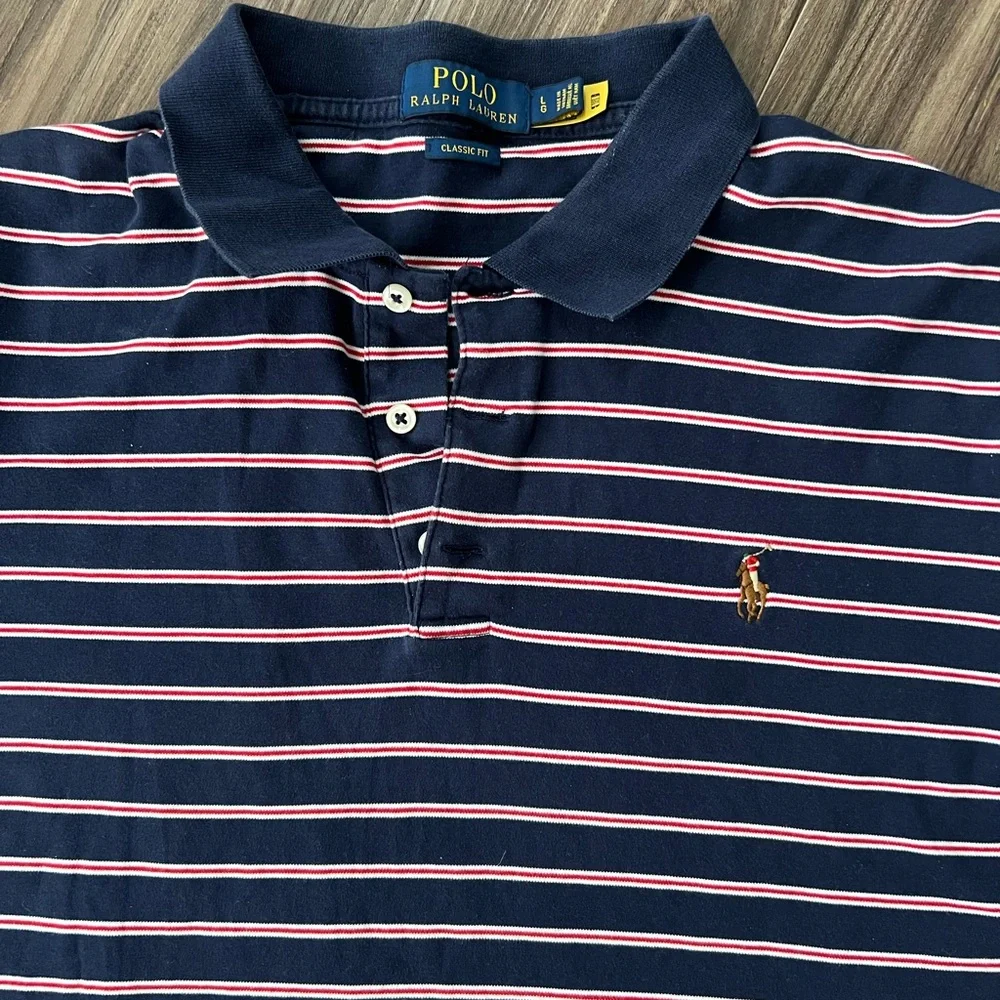 Polo Ralph Lauren Navy Blue & Red‎ Striped Short Sleeve Polo Shirt Classic Fit